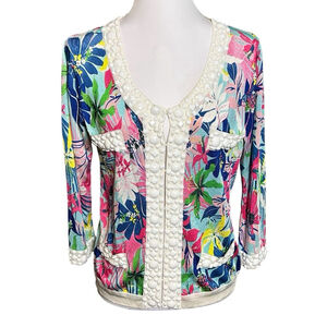 Michael Simon VTG Beaded Colorful Tropical Cardigan Sweater Womens Small READ